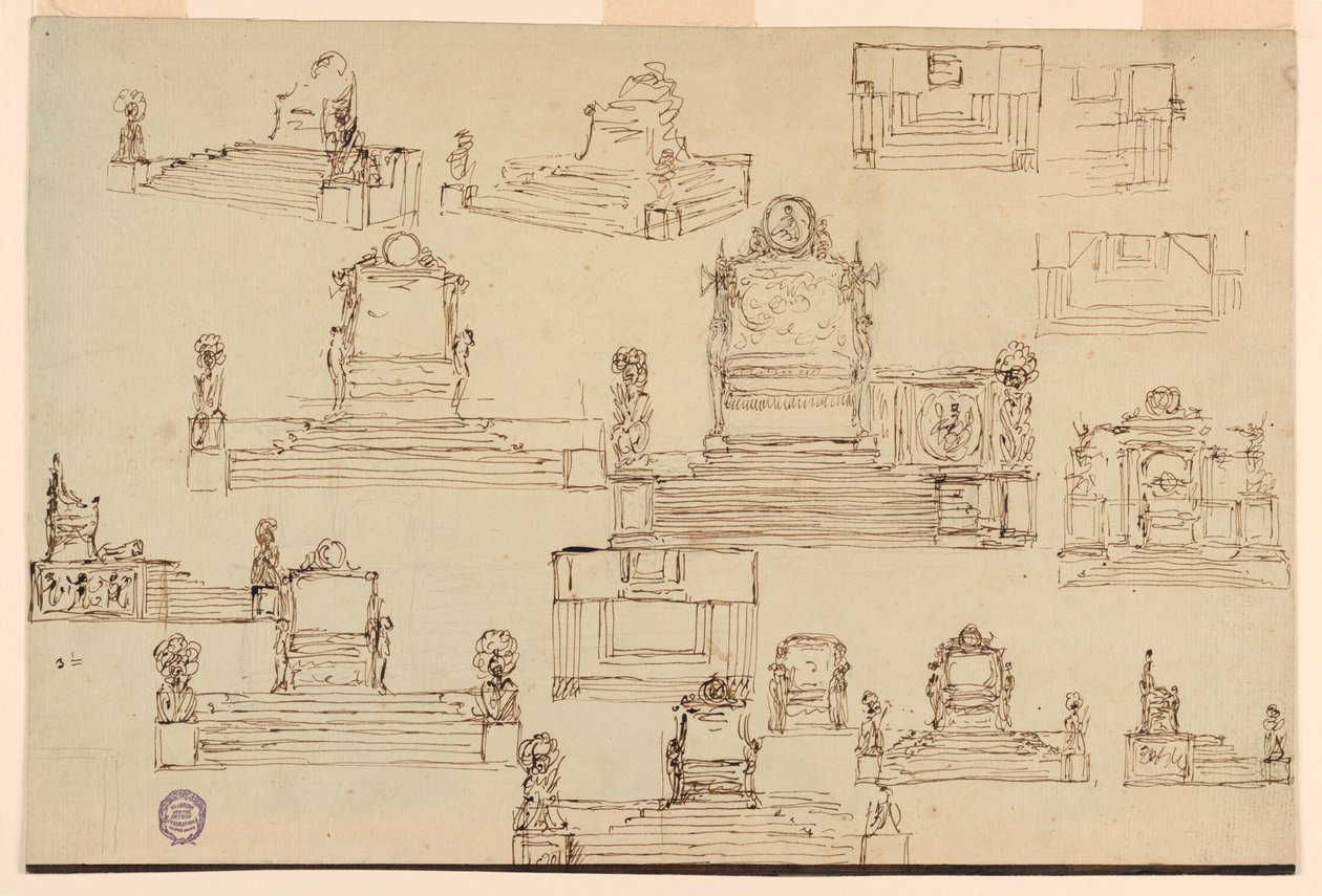 Tegning, femten skitser til en trone, ca. 1810 af Unknown