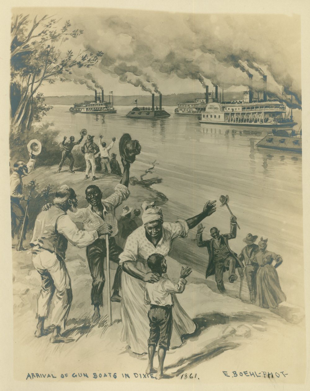 Billede af mennesker (for det meste afroamerikanere), der fejrer på bredden af en flod, hvor en flåde af kanonbåde færdes. af Unknown