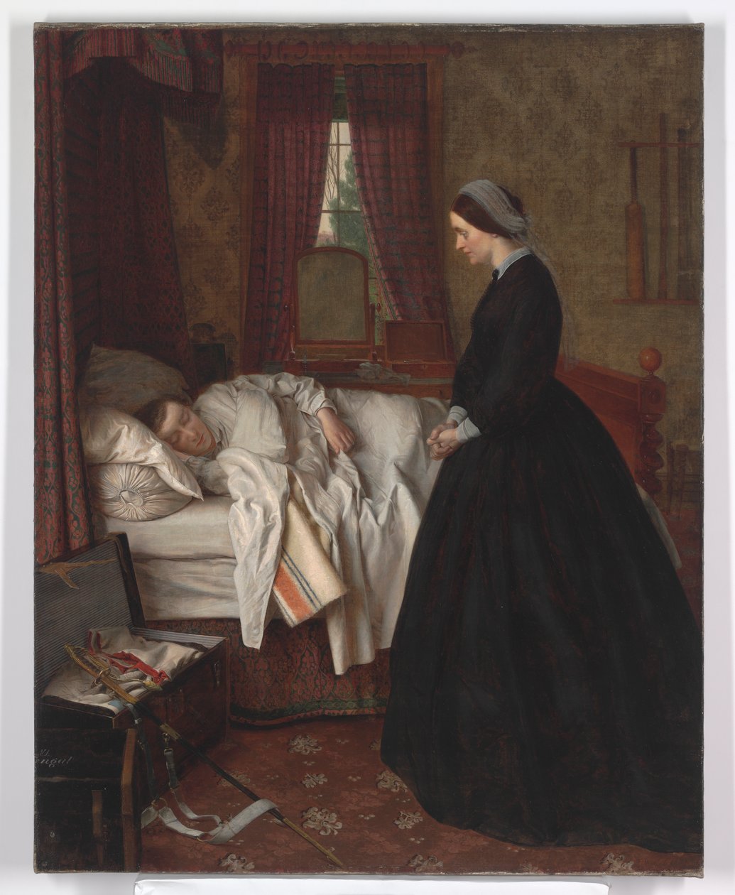 Husinteriør med en sovende soldat, 1860