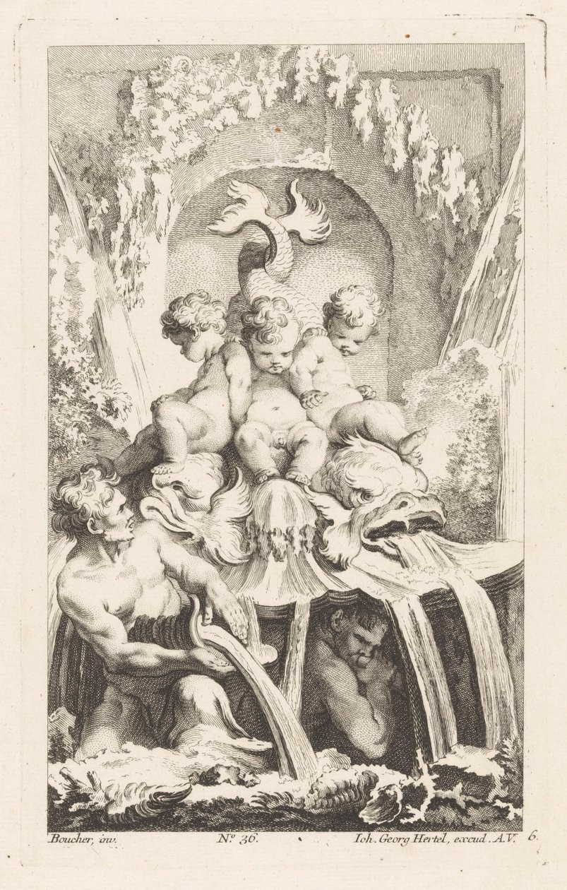 Springvand med putti og delfiner Diverse Fontaines (serietitel) af Unknown