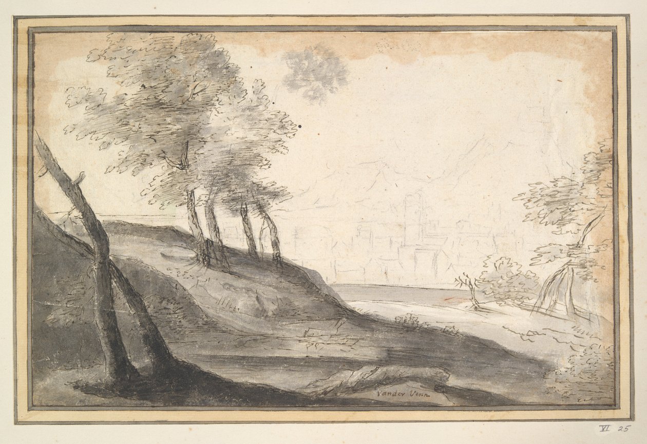 Bjerget landskab med træer og by i afstand af Unknown