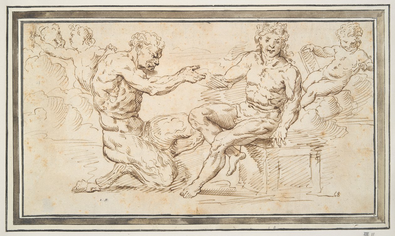 Satyr og ung mand siddende med Putti af Unknown
