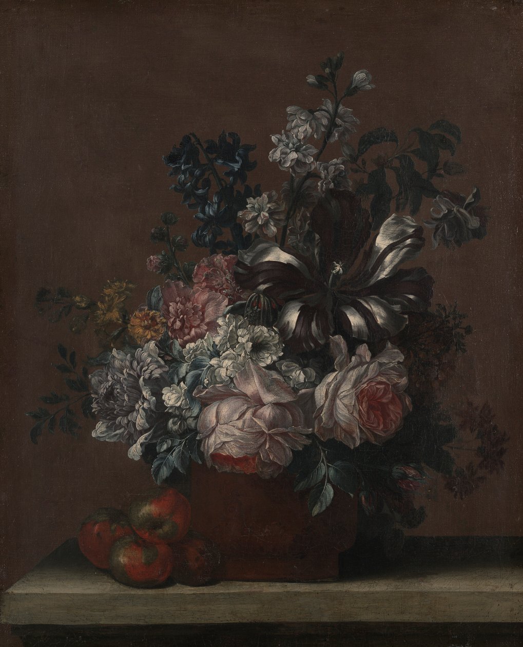 Stilleben med blomster og frugt (æbler?) af Unknown