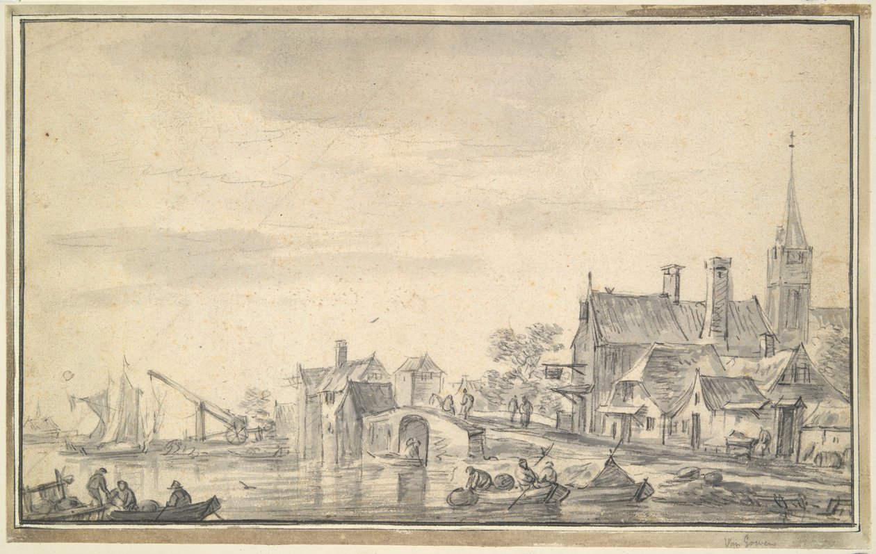 Landsby nær vand af Unknown