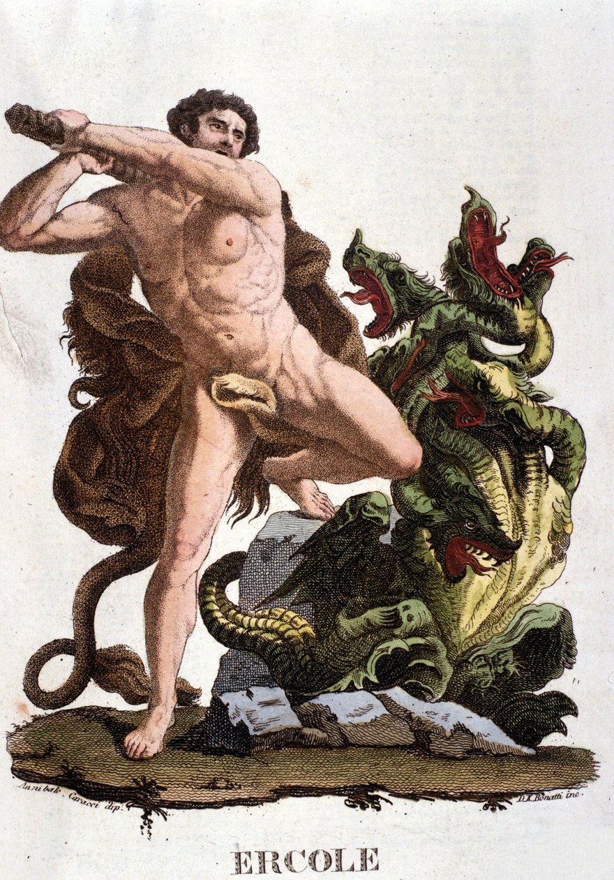 Hercules slår ned Lerna Hydra - gravering af Unknown artist