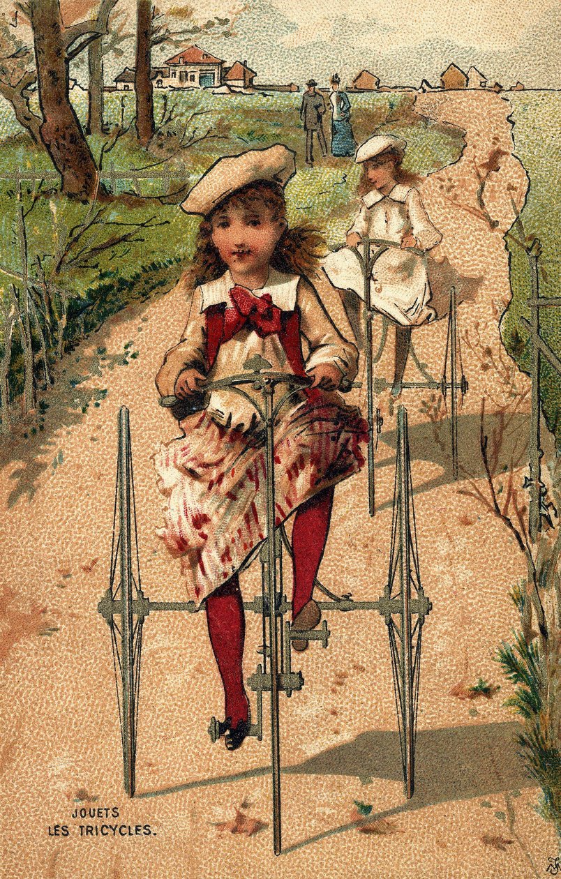 Små piger i gang med trehjulede cykler. Kromolitografi omkring 1890. af Unknown artist