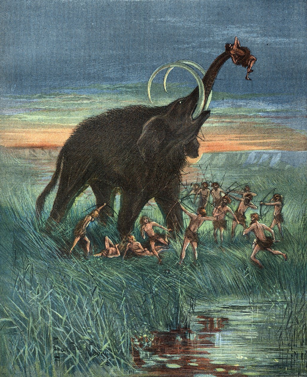 Mammoth jagtscene, stenalder. af Unknown artist