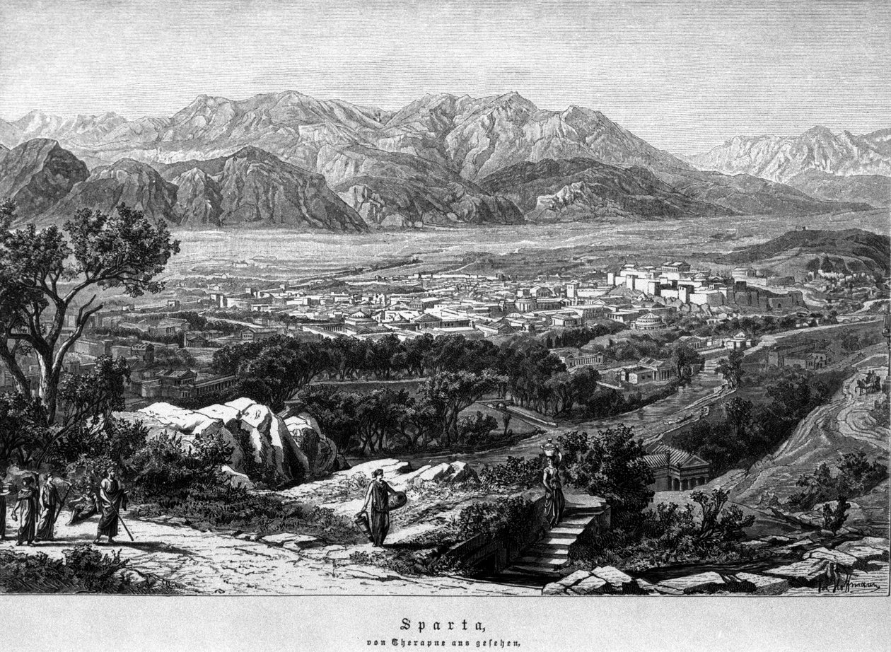 Udsigt over Sparta. 1800-tals gravering. af Unknown artist