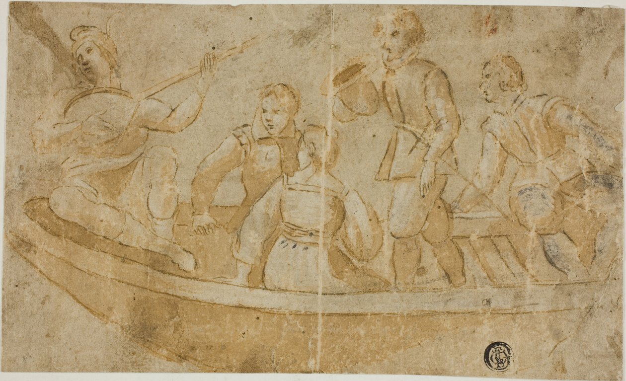 Tre mænd, en kvinde og en lutspiller i en båd af Unknown Italian