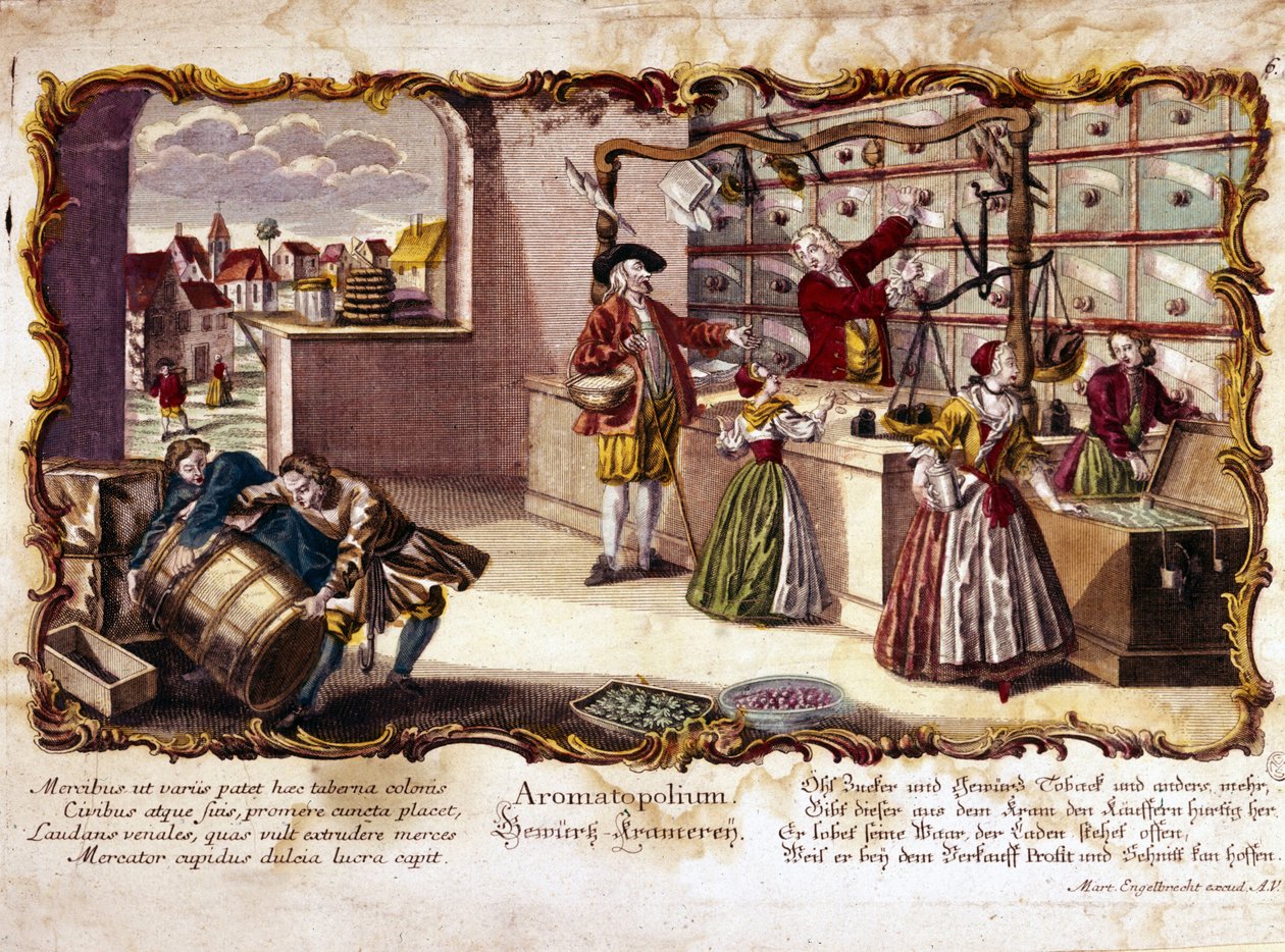 Gravering fra det 18. århundrede, der forestiller et parfumeri. af Unknown artist