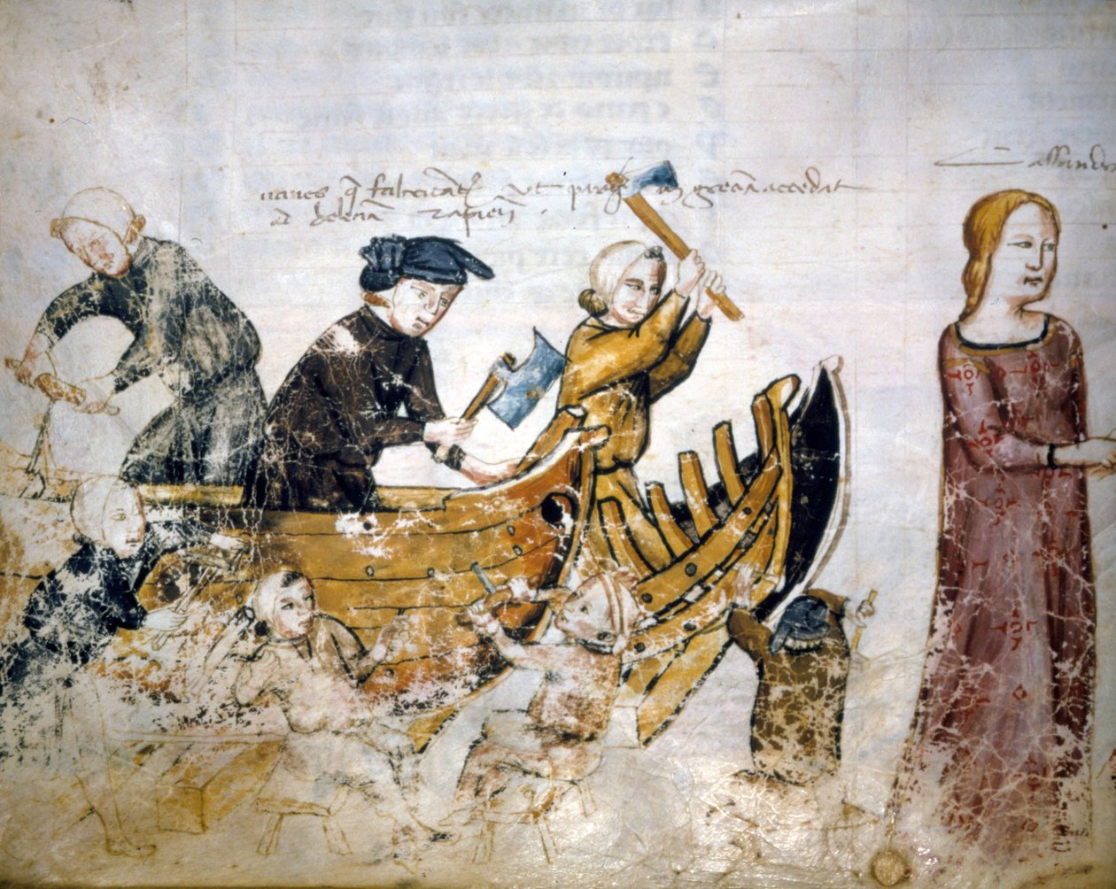 Scene for skibsbygning i det 13. århundrede. af Unknown artist