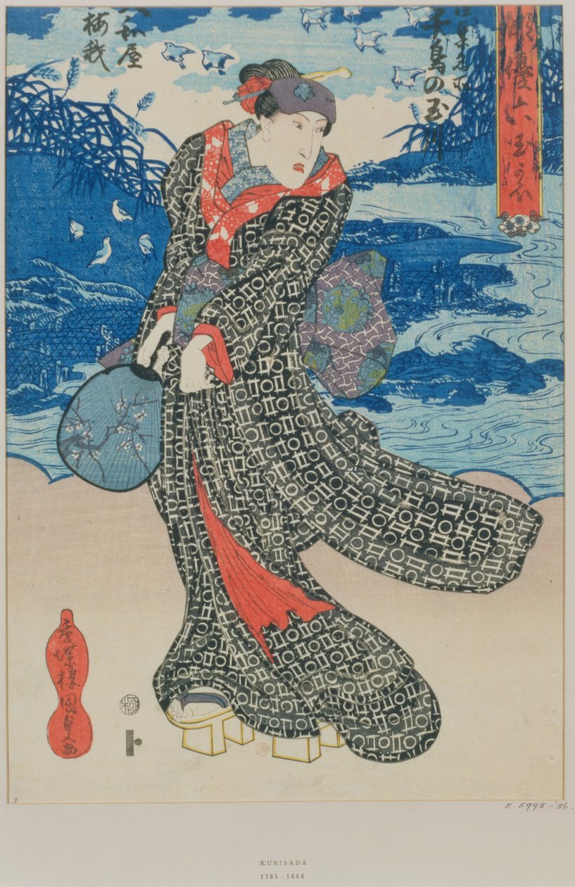 Japansk kvinde ved havet (træbloktryk i farver) af Utagawa Kunisada