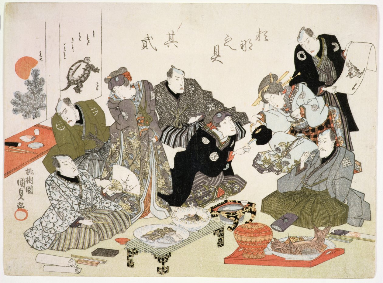 S.61-1938 Maler- og kalligrafifest på Manpachiro tehuset, for ledsagertryk se 69776, (yoko-e - horisontalt format, farvet træbloktryk) af Utagawa Kunisada
