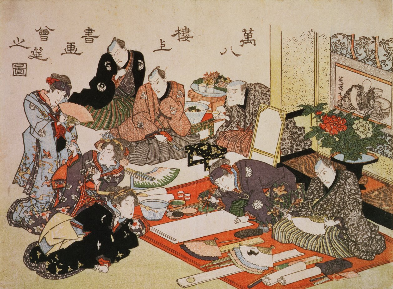 P.62-1938 Maleri- og kalligrafifest i Manpachiro tehus, 1827 (farve-træsnit) (for tilhørende tryk se 69775) af Utagawa Kunisada