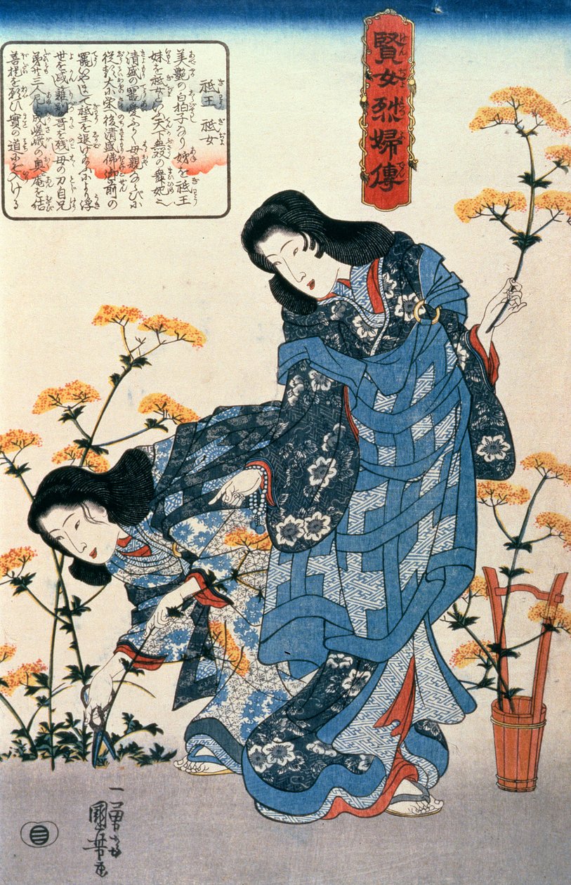 Gio og Giji samler blomster, fra serien Stories of Wise Women and Faithful Wives (Kenjo reppuden) udgivet af Iba-ya Sensaburo (pen, blæk & wc på papir) af Utagawa Kuniyoshi