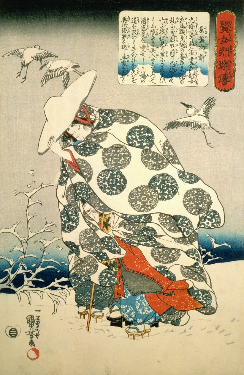 Tokiwa-Gozen med sine tre børn i sneen, udg. ca. 1840, (farve-træsnit) af Utagawa Kuniyoshi