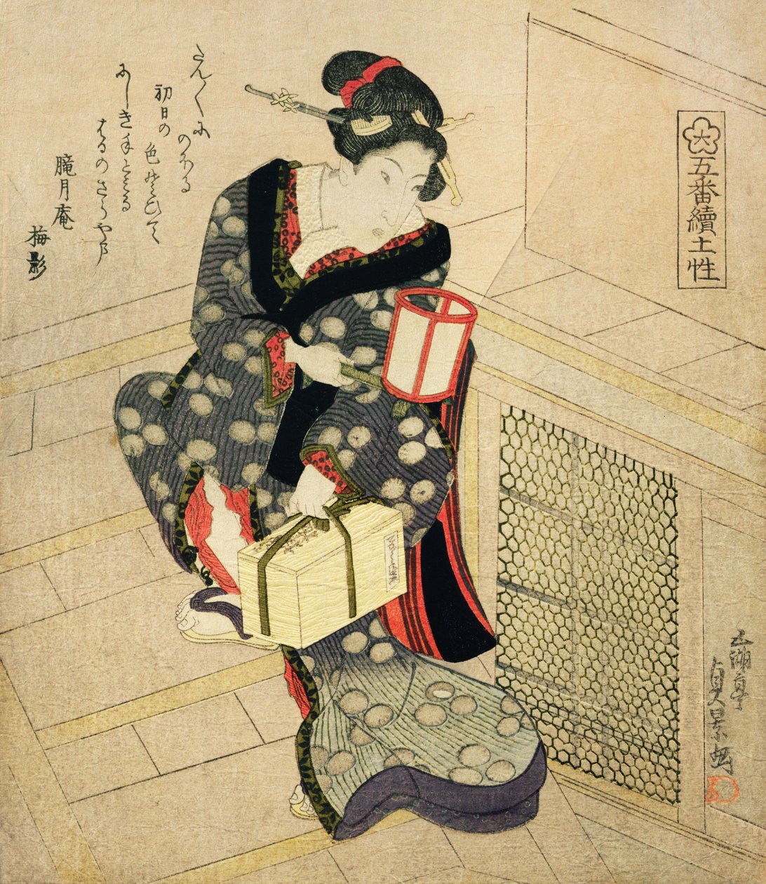 Kvinde, der går op ad trappen med en lampe og en æske (farvet træbloktryk) af Utagawa Sadakage
