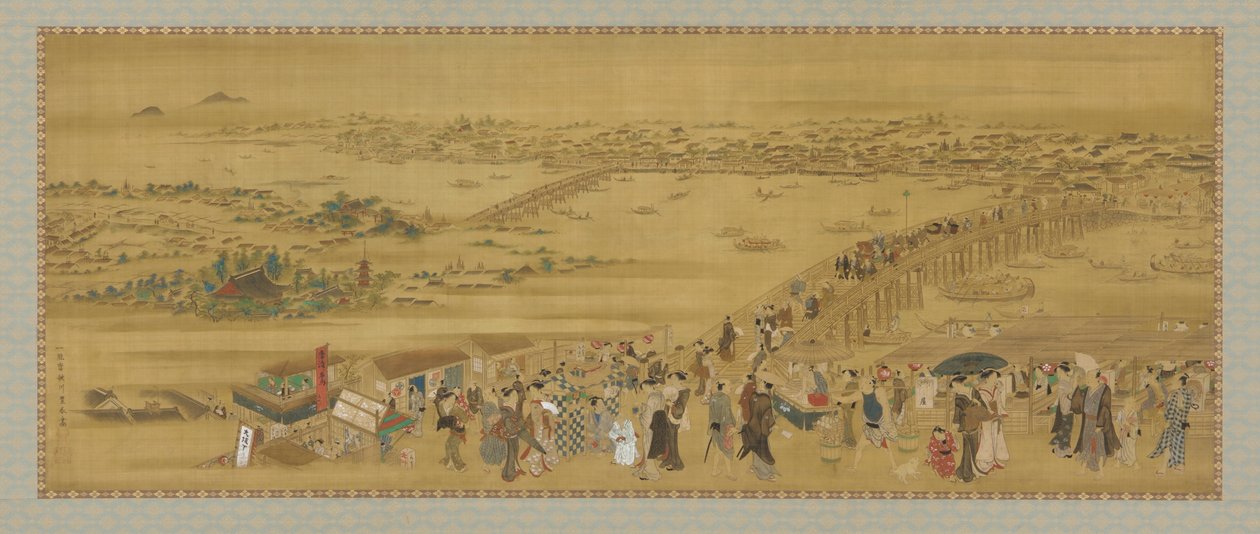 Ryogoku Bridge, Edo-perioden (farve og guld på silke) af Utagawa Toyoharu