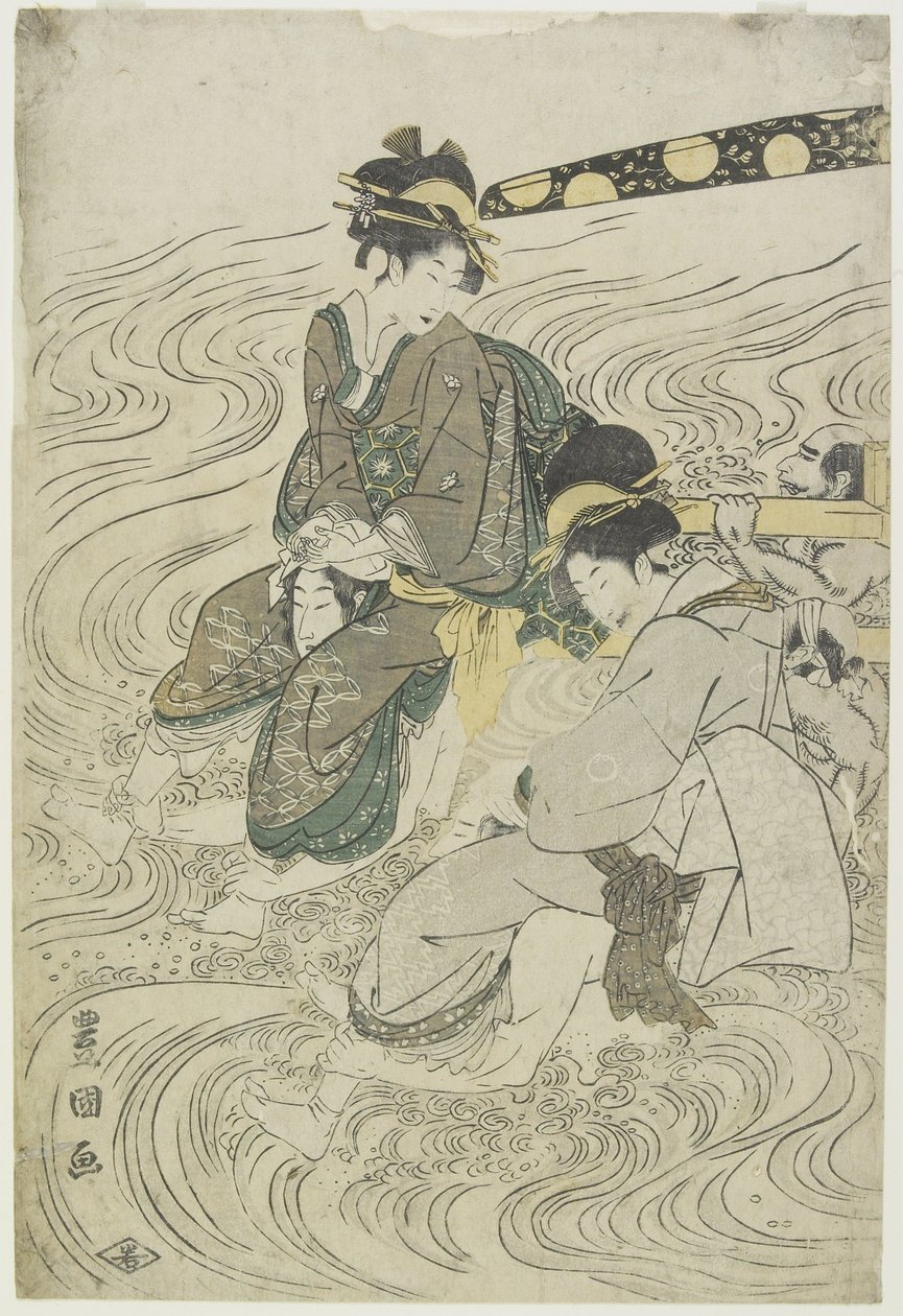 (To kvinder krydser en flod på kuliers skuldre) af Utagawa Toyokuni