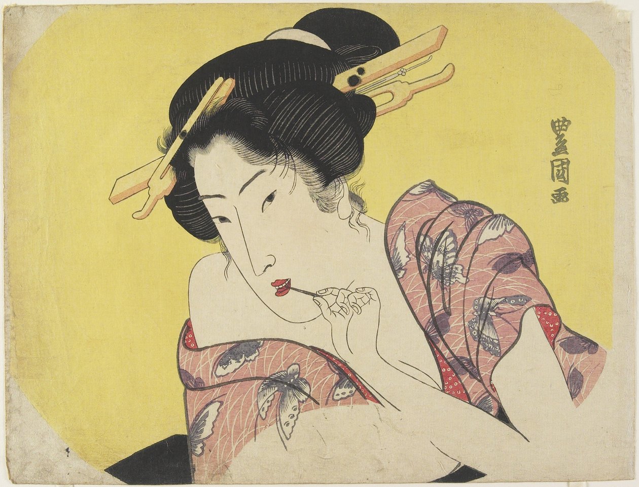 Kvinde ved hjælp af en tandstik, ca. 1820 (træbloktryk i farver) af Utagawa Toyokuni