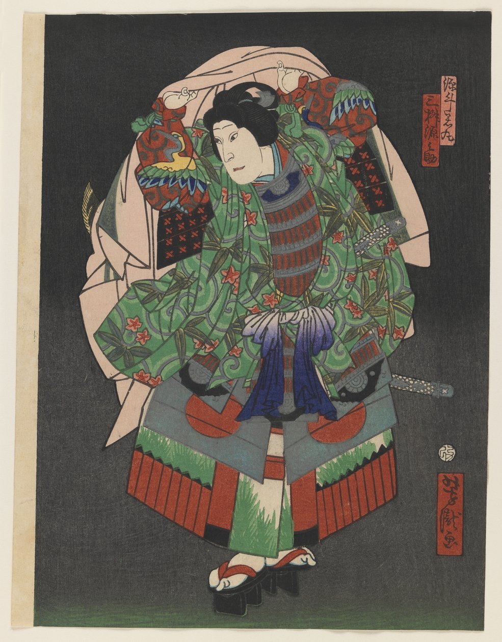 Osaka Kabuki-skuespilleren Gennosuke III, 1868 (farvet træbloktryk med sølv og messing på papir) af Utagawa Yoshitaki