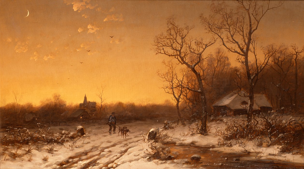 Vinterlandskab ved solnedgang af V. Biber