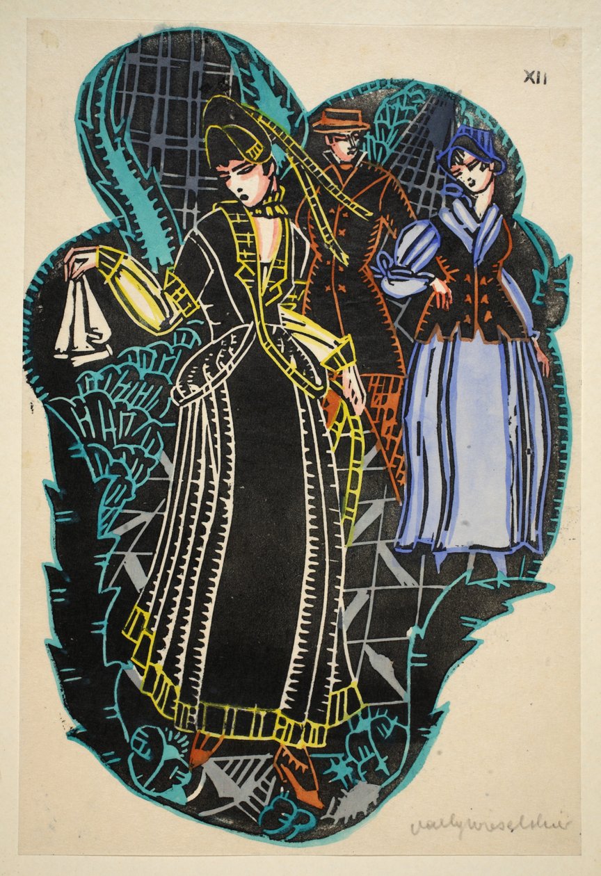 Seaside Fashion, plade 12, bog 12, illustration fra "Wiener Werkstatte Mode 191415", udgivet af. Eduard Kosmack, Wien, 1914-1915 (håndkoloreret linolieskrift) af Vally Wieselthier