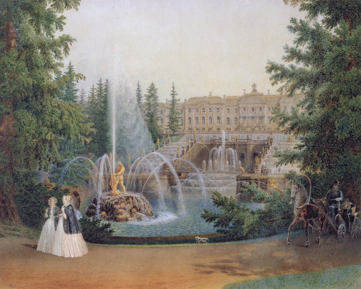Udsigt over Marly Cascade fra den nedre have af Peterhof-paladset, ca. 1830-60 af Vasili Semenovich Sadovnikov