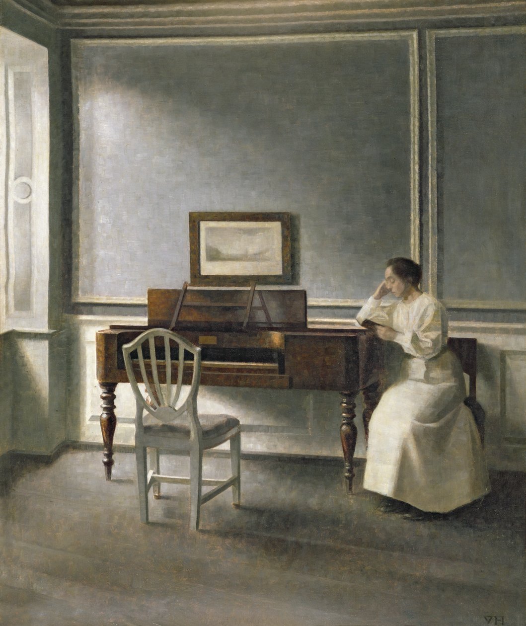 Kvinde læser af et klaver, 1907 af Vilhelm Hammershoi
