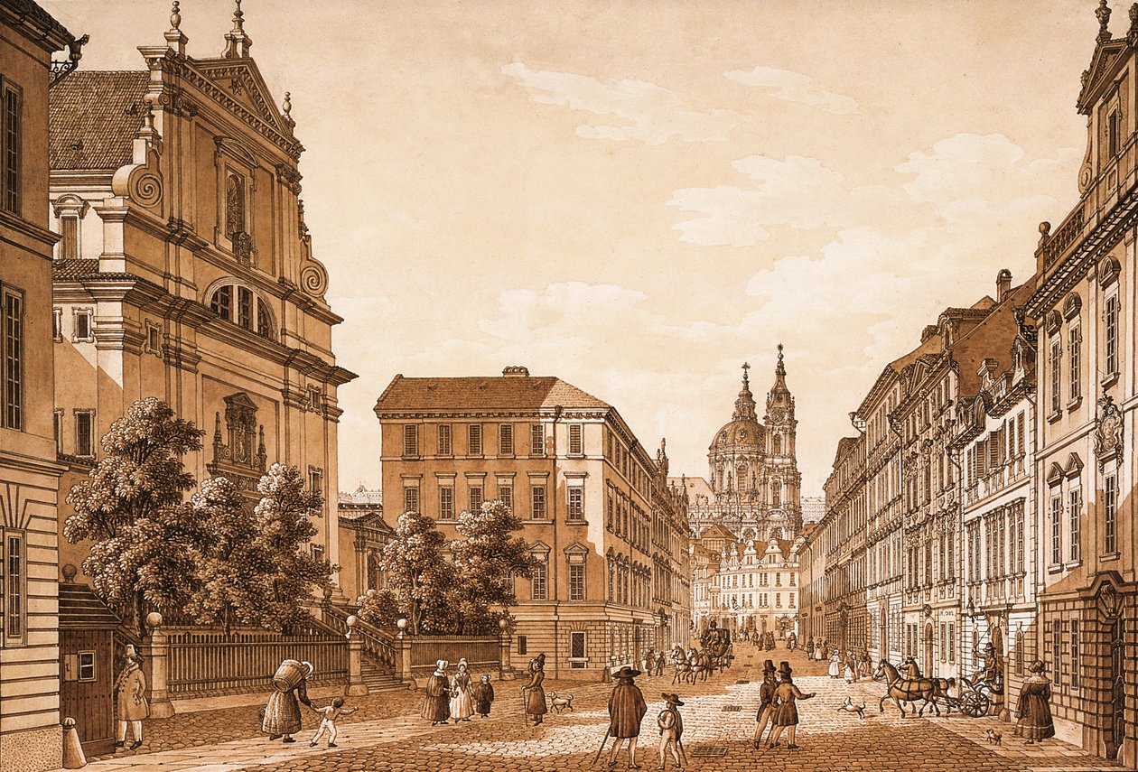 Udsigt over Karmelitská-gaden mod St. Nicholas-kirken, Prag (pen og blæk med wc på papir) af Vincenc Morstadt
