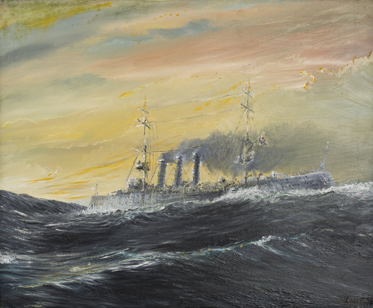 Emden rider på bølgerne i Det Indiske Ocean 1914, 2011, (Olie på lærred) af Vincent Alexander Booth