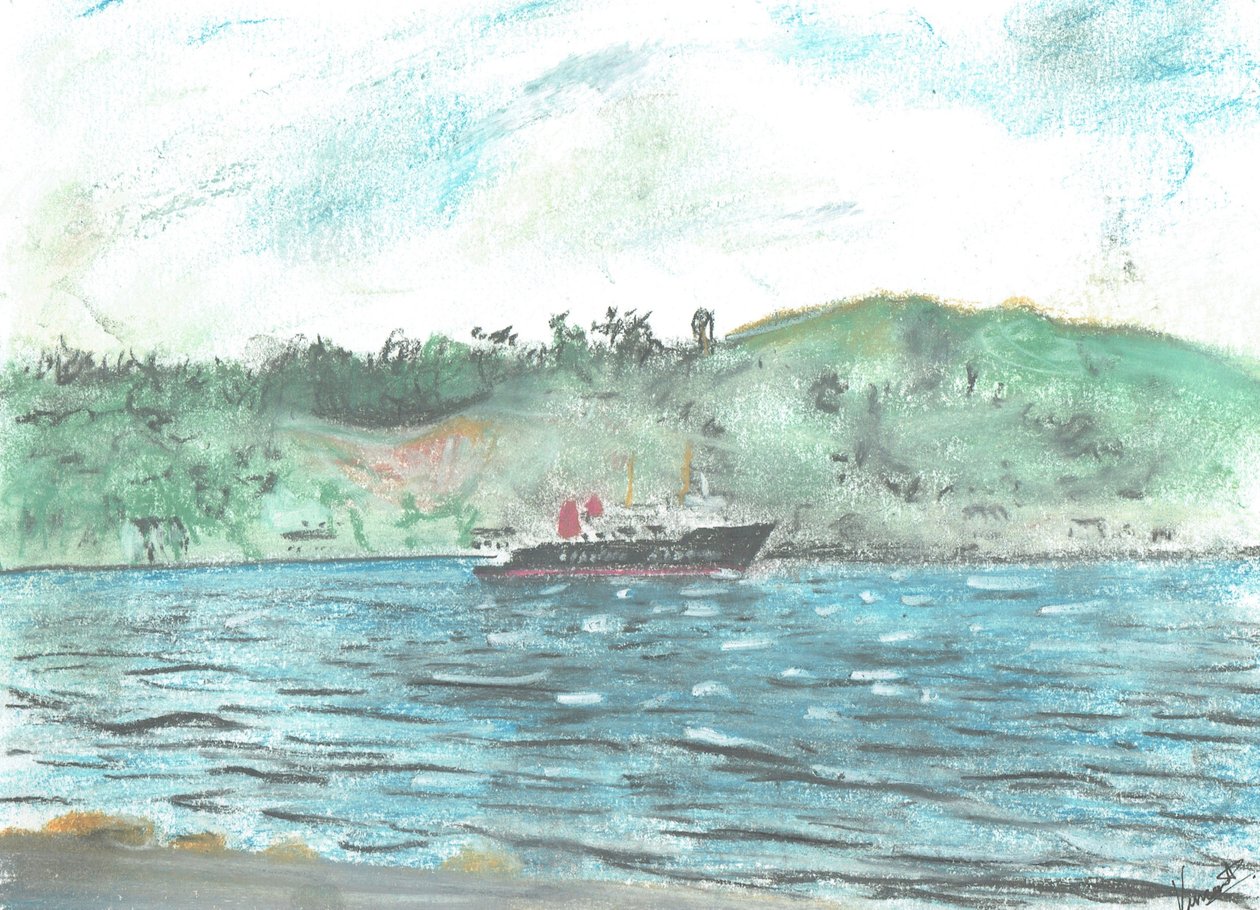 Færge til Isle of Jura, 2005, (pastel på papir) af Vincent Alexander Booth