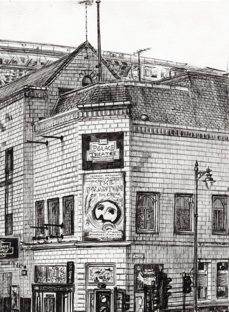 Palace Theatre Manchester, 2013, (blæk på papir) af Vincent Alexander Booth