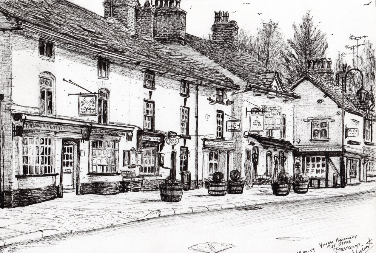 Postkontor Prestbury, 2009, (blæk på papir) af Vincent Alexander Booth