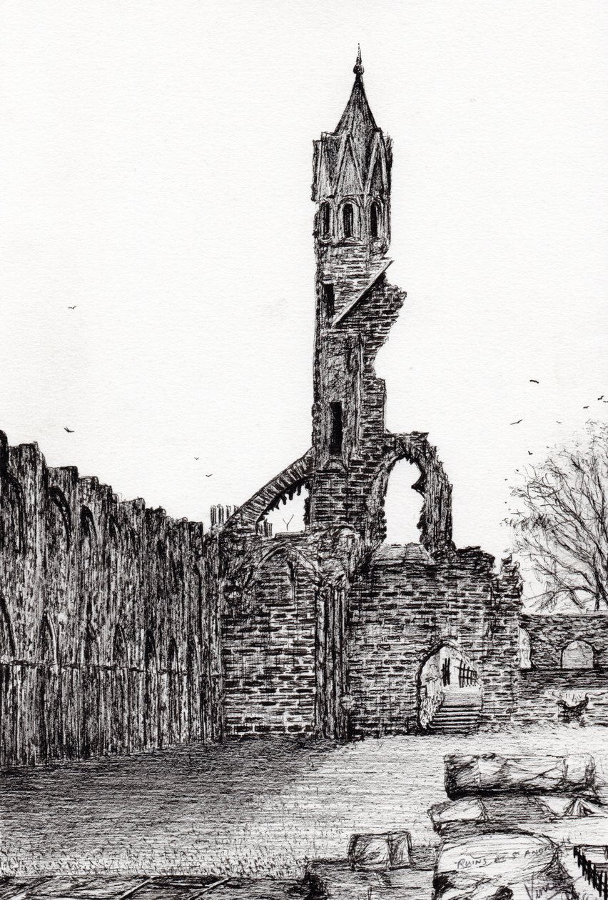 Ruin at St.Andrews, 2006, (blæk på papir) af Vincent Alexander Booth
