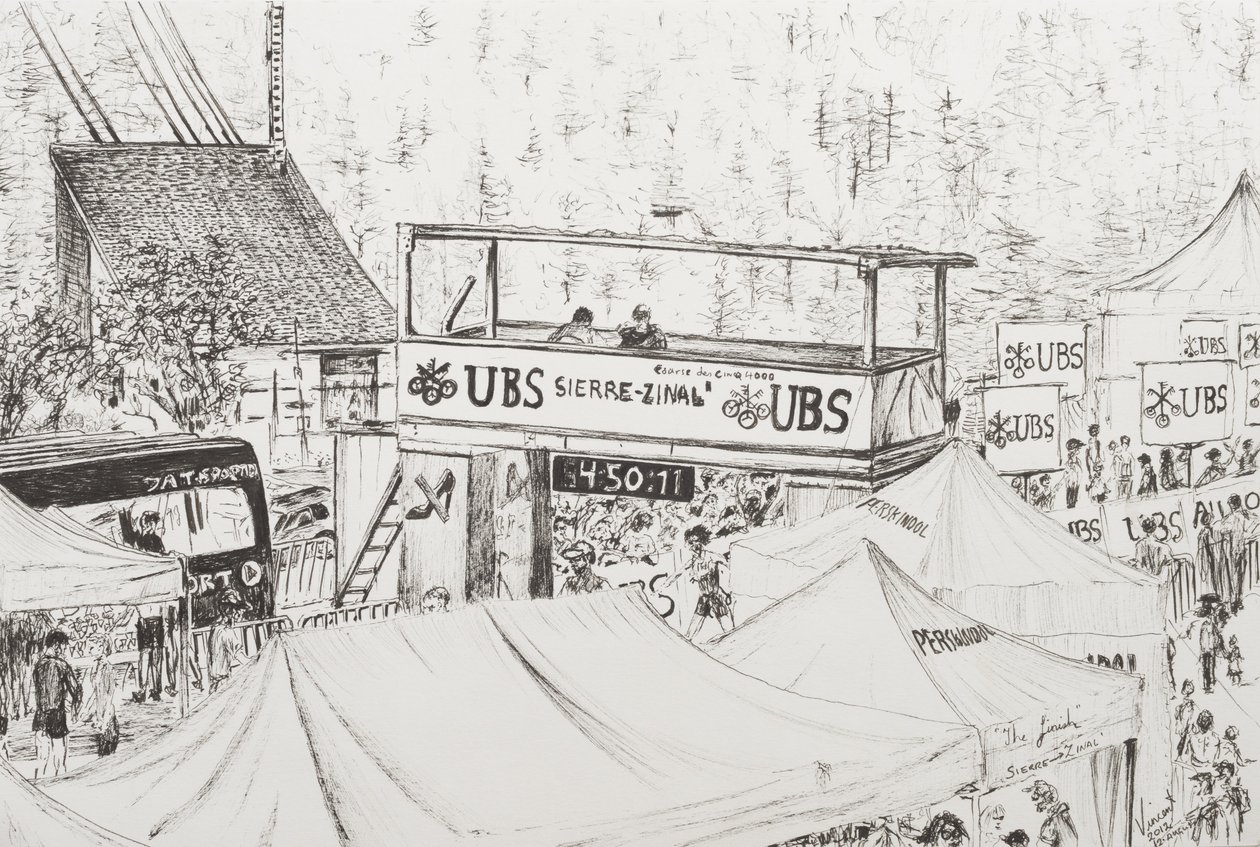 Sierre til Zinal Mountain Race, The Finish 2012. (Blæk på papir) af Vincent Alexander Booth