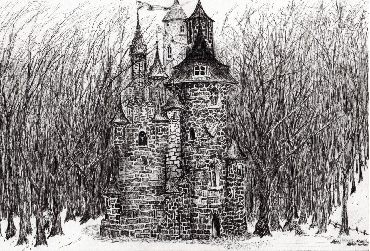 Slottet i skoven ved Findhorn, 2006, (blæk på papir) af Vincent Alexander Booth