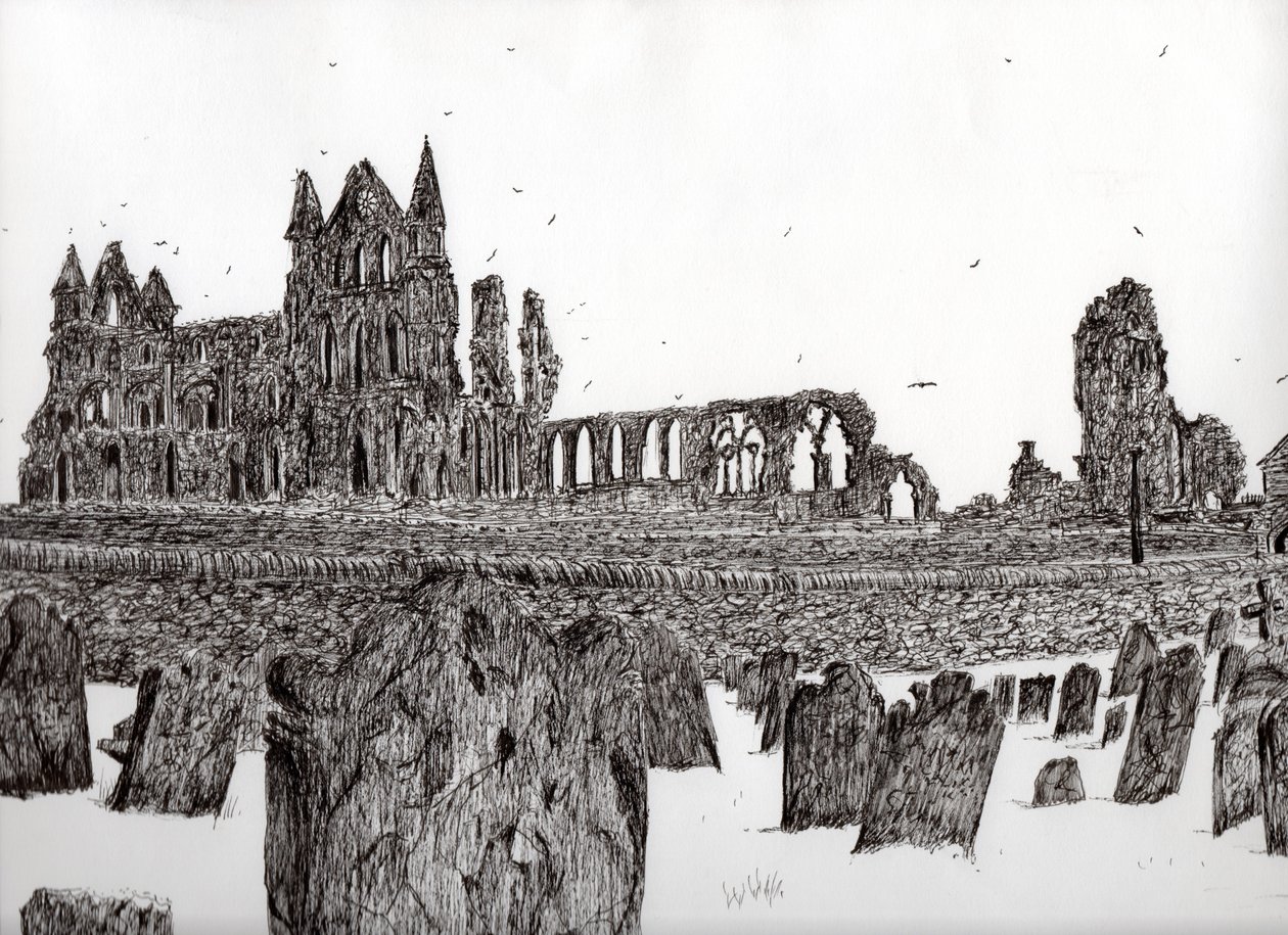 Whitby Abbey, 2007, (blæk på papir) af Vincent Alexander Booth