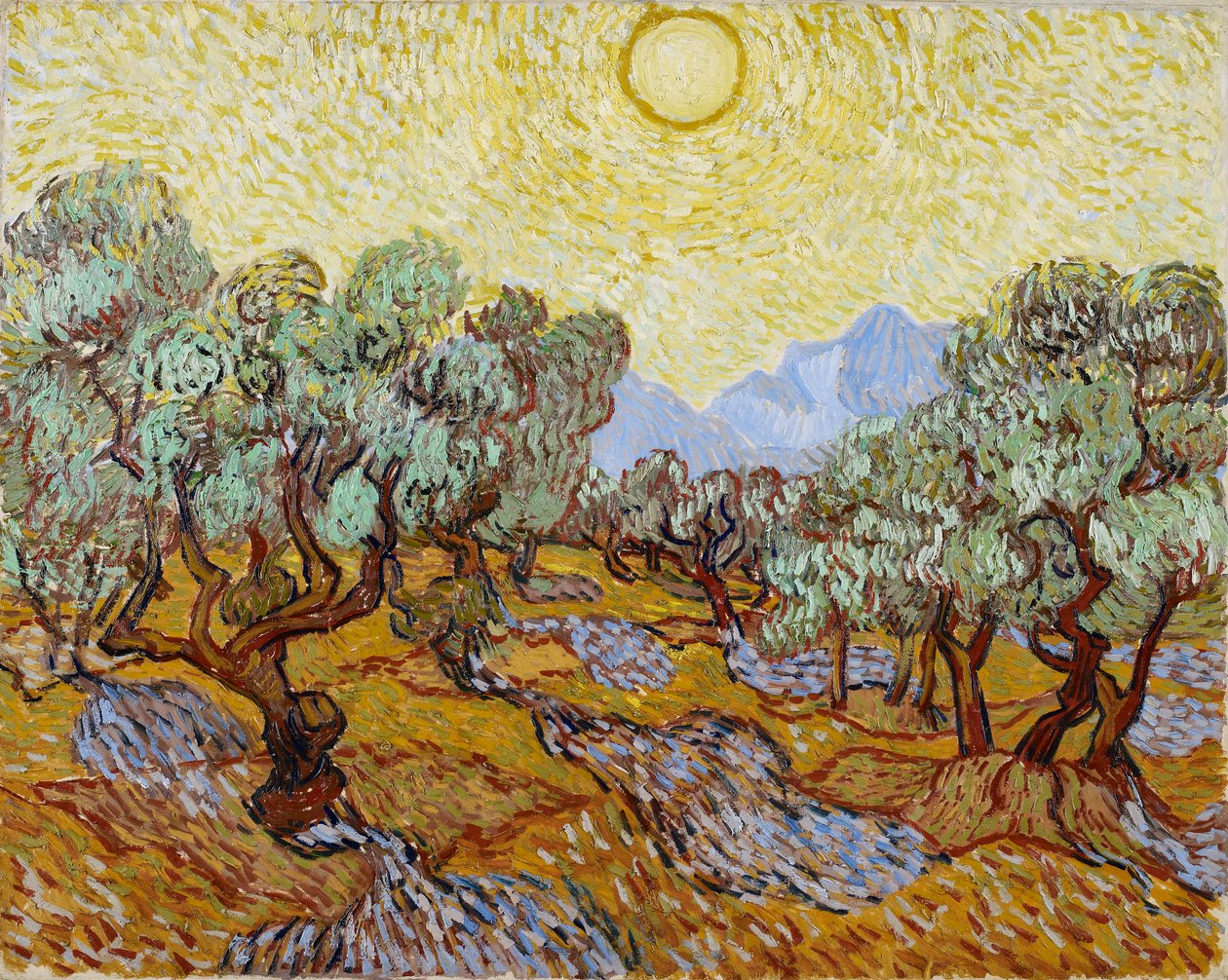 Oliventræer med gul himmel og sol af Vincent van Gogh