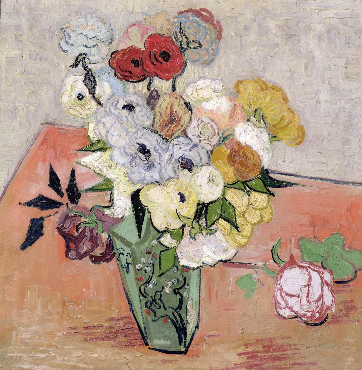 Japansk vase med roser og anemoner, 1890 af Vincent van Gogh