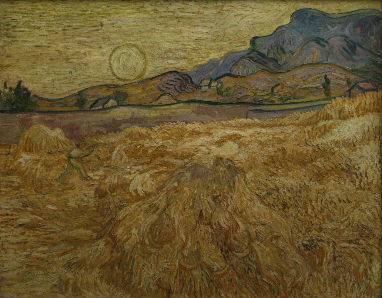 Korenfeld med plæneklipper og sol af Vincent van Gogh