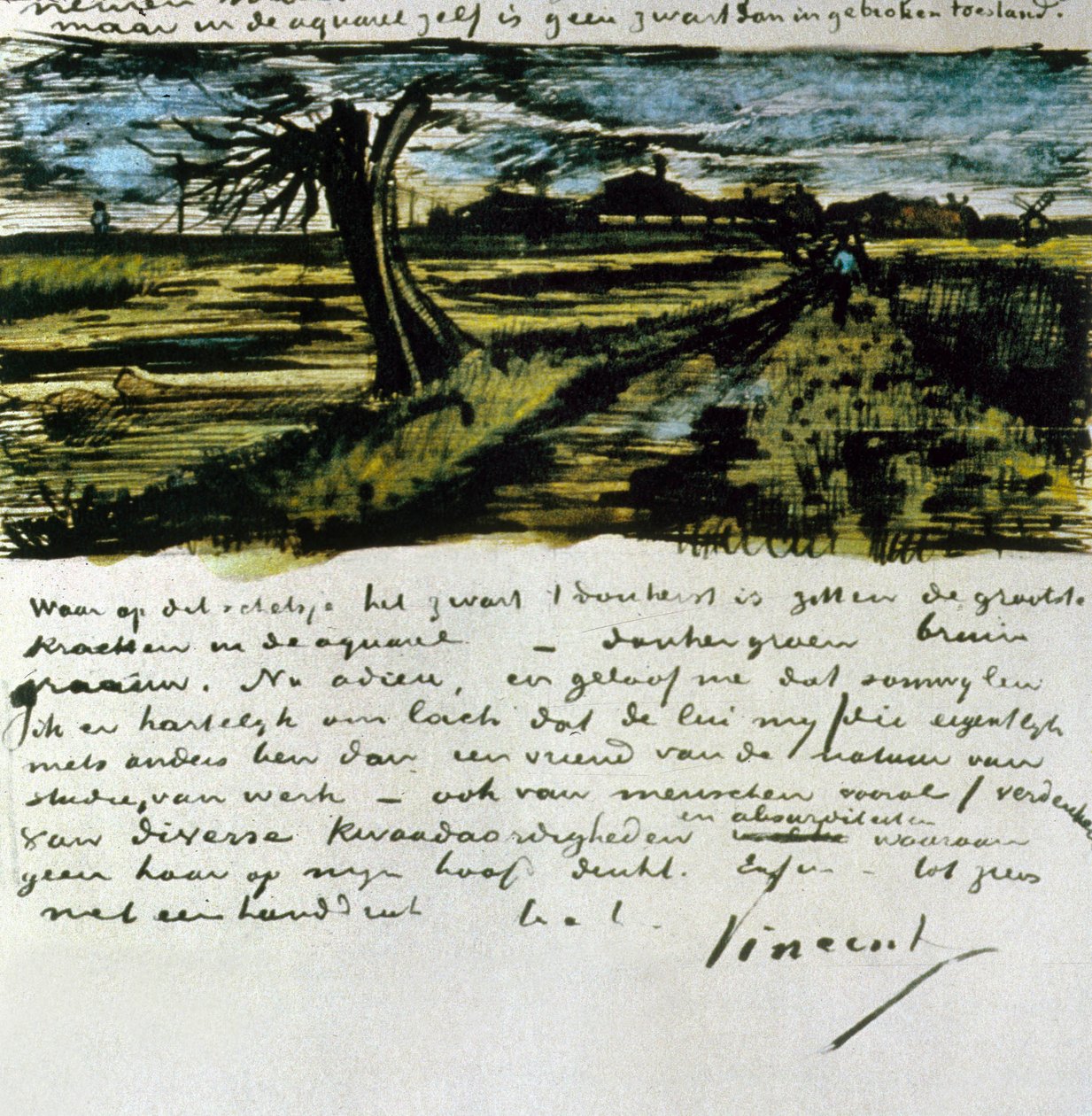 Brev 252 fra Vincent van Gogh til Theo van Gogh: Pollard Willow, ca. 1. august 1882 (pen og blæk og wc på papir) af Vincent van Gogh