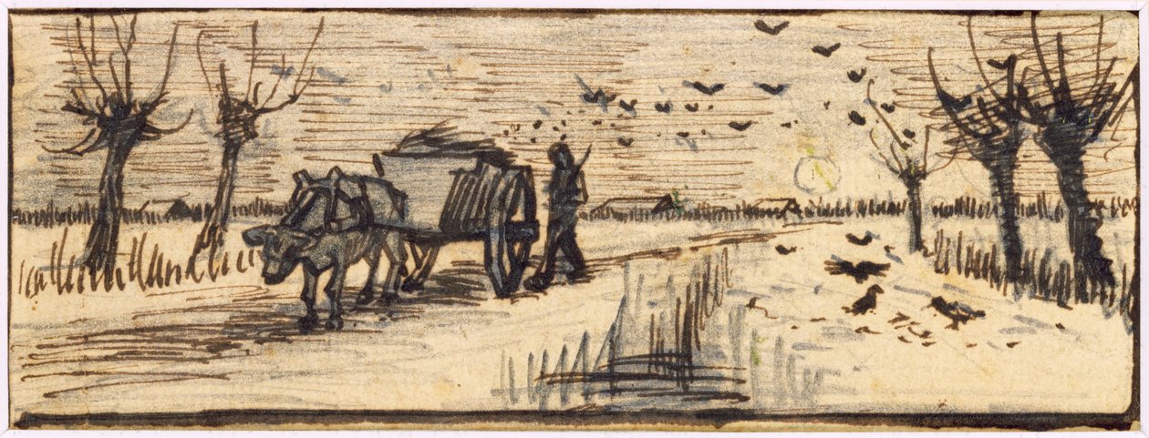 Oksevogn i sneen, fra en serie på fire tegninger, der repræsenterer de fire årstider (blyant, pen og brunt blæk på papir) (se også 61644-6) af Vincent van Gogh