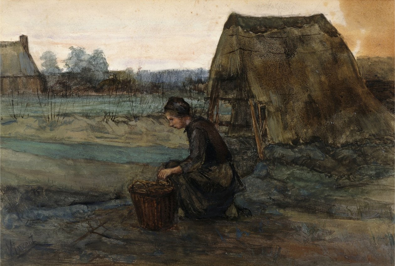 Bondekvinde, der knælede foran en hytte af Vincent van Gogh