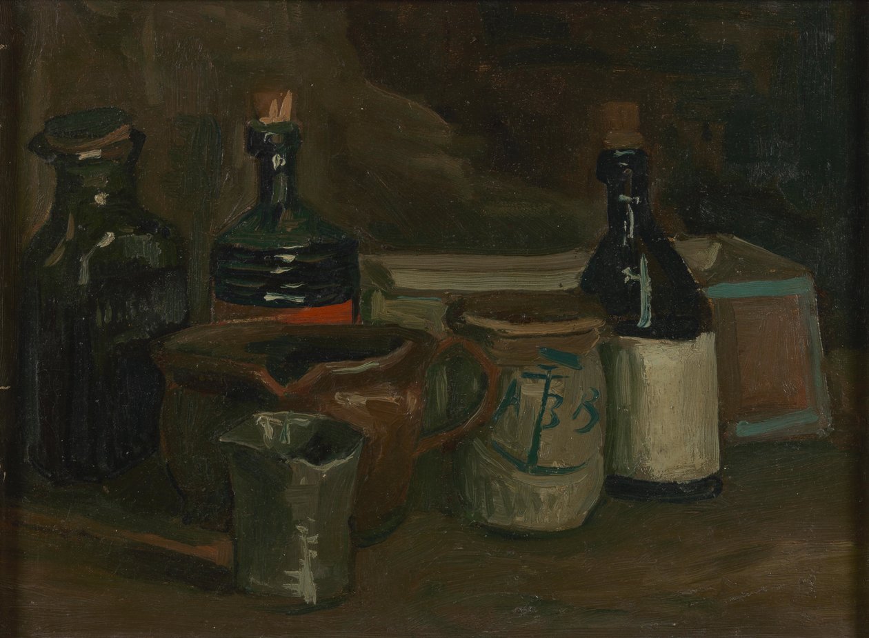 Stilleben med flasker og fajance af Vincent van Gogh