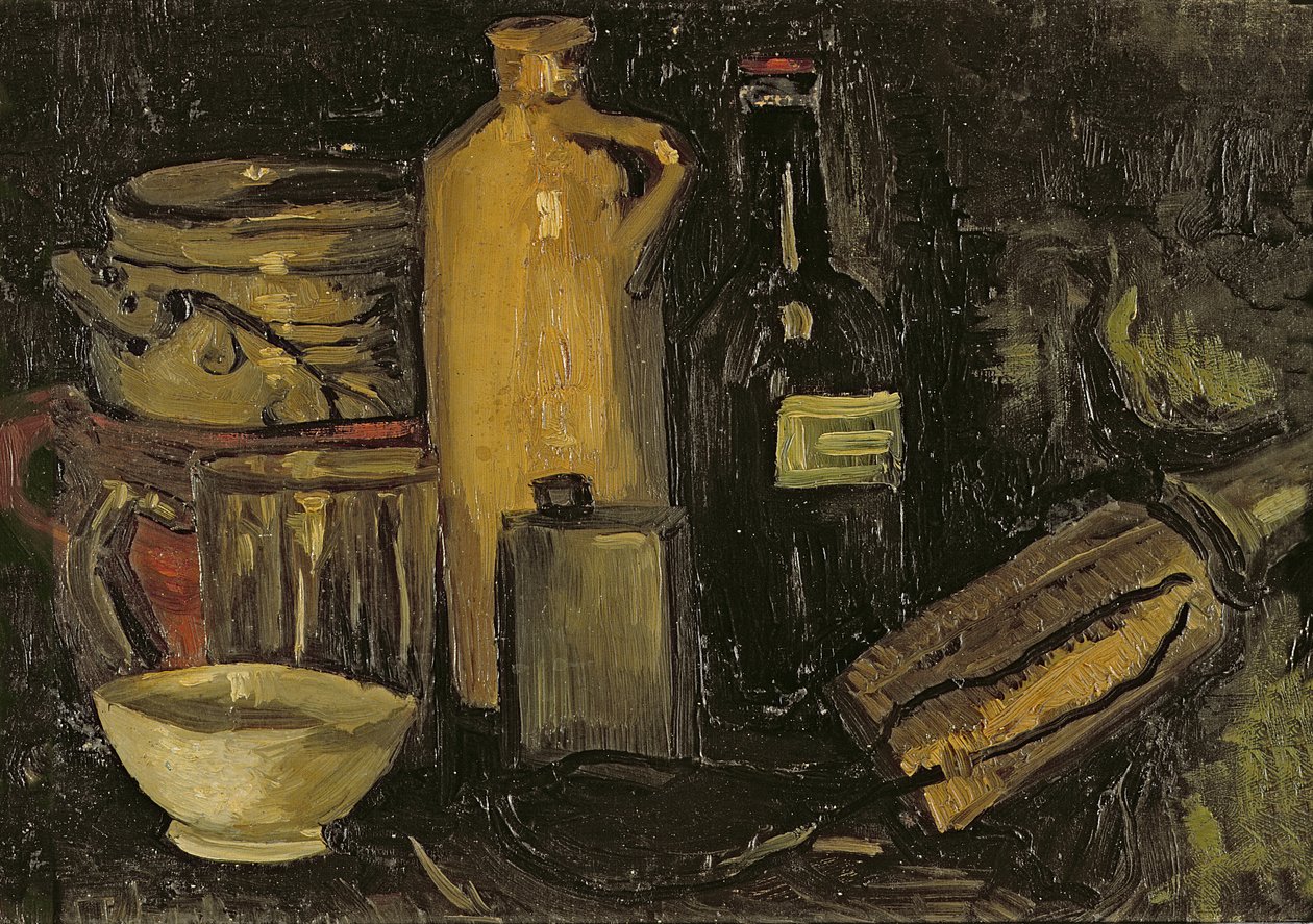 Stilleben med gryder, flasker og kolber, ca. 1886 af Vincent van Gogh