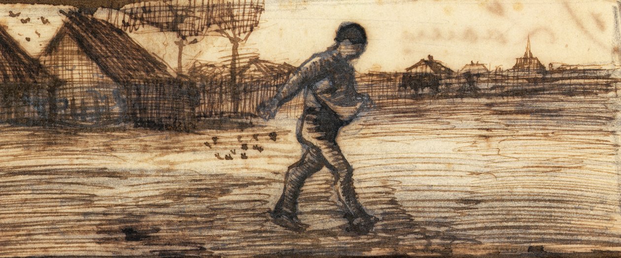 Såmanden, fra en serie på fire tegninger, der repræsenterer de fire årstider (blyant, pen og brunt blæk på papir) (se også 61643-4-6) af Vincent van Gogh