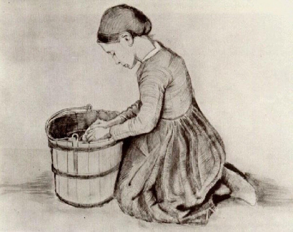 Vangogh -pige knælende foran spand af Vincent van Gogh