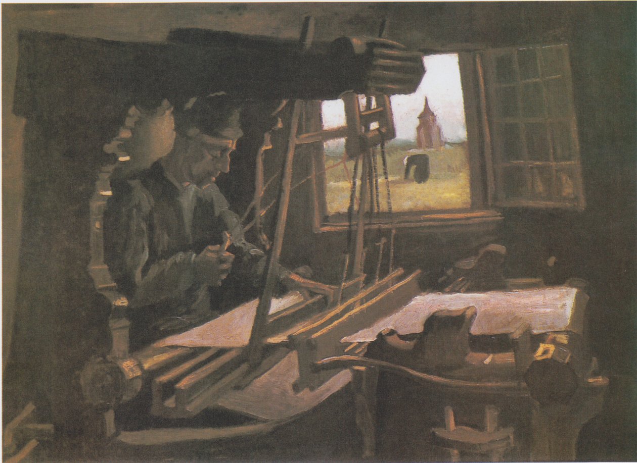 Weber foran et åbent vindue med udsigt til tårnet i Nuenen af Vincent van Gogh
