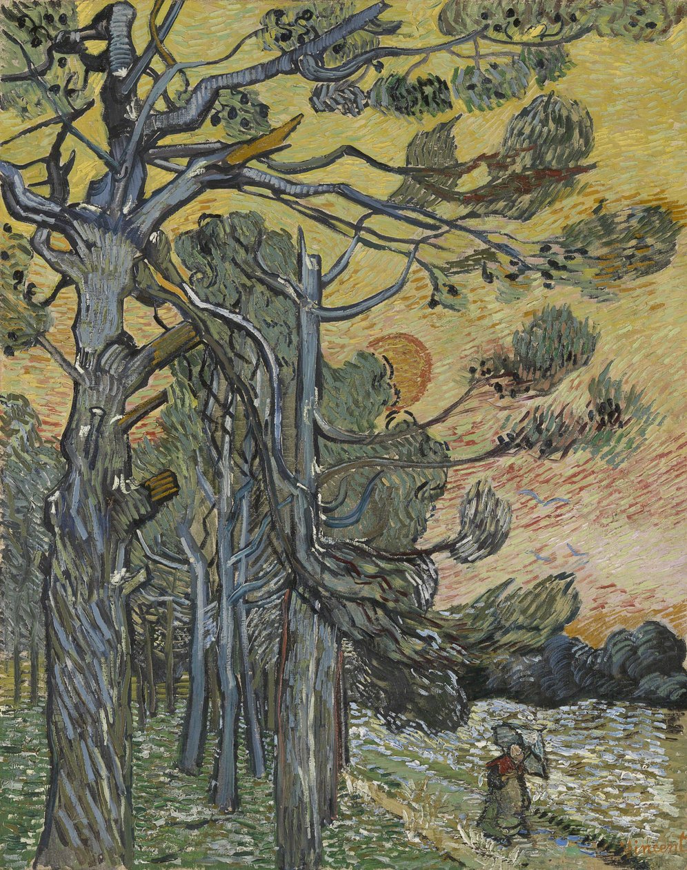 Fyrretræer ved solnedgang, 1889. af Vincent van Gogh